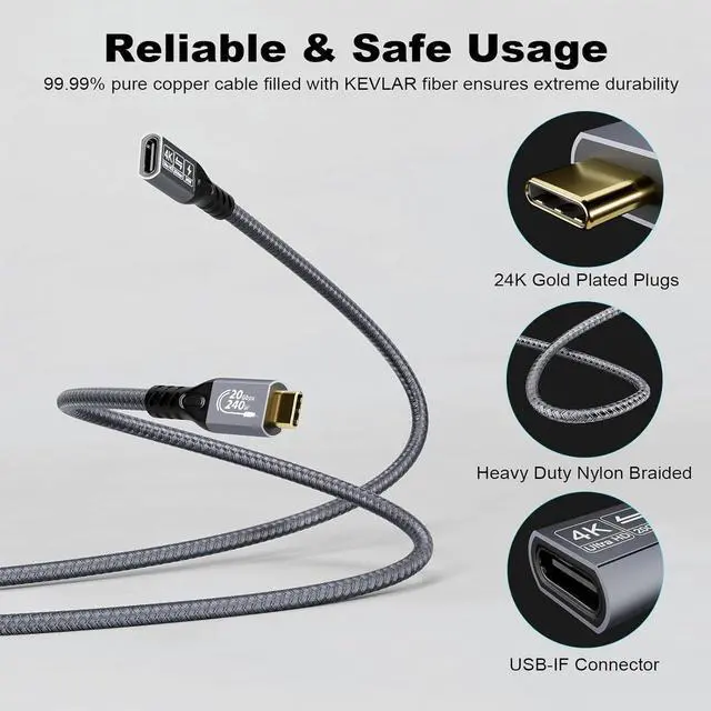Alt view image 5 of 6 - Type C Cable 6.6ft 2m, 240W 48V/5A USBC to USB C 3.2 Gen2×2 Extension Cable, 20Gps Male Female Extender Cable, 4K@60Hz Dual C Video Cord for MacBook Pro, Dell, Arzopa, Galaxy, Portable Monitor