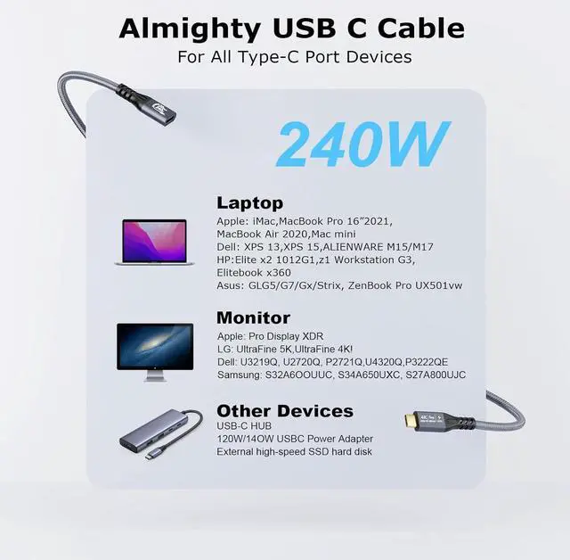 Alt view image 6 of 6 - Type C Cable 6.6ft 2m, 240W 48V/5A USBC to USB C 3.2 Gen2×2 Extension Cable, 20Gps Male Female Extender Cable, 4K@60Hz Dual C Video Cord for MacBook Pro, Dell, Arzopa, Galaxy, Portable Monitor