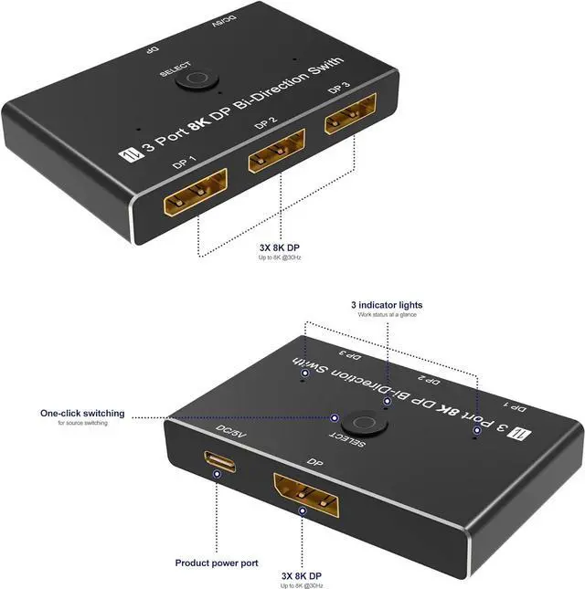 Alt view image 3 of 7 - CableDeconn A0209 DisplayPort 8K DP 1.4 Switch 3In 1Out 1In 3Out Bi-Direction 8K@30Hz 4K@144Hz Splitter Converter for Multiple Source and displays