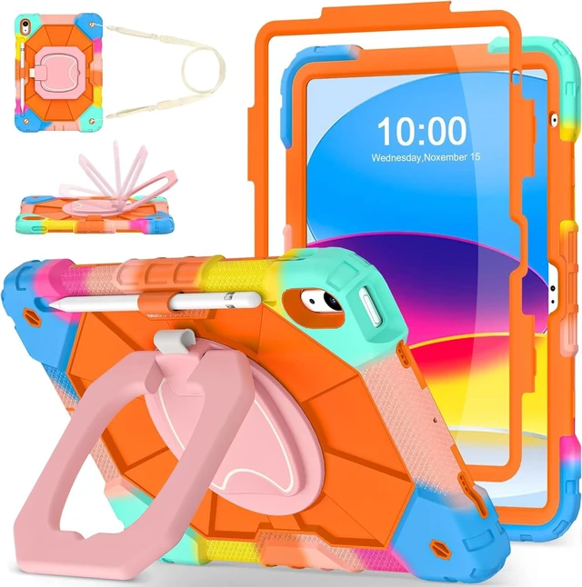 Main image of Case for iPad (A16) 11th/10th Generation 2025/2022 with Screen Protector Rotating Stand Pencil Holder iPad Case 10th Generation Shockproof Cover for iPad 10th Gen Cases,Colorful Orange
