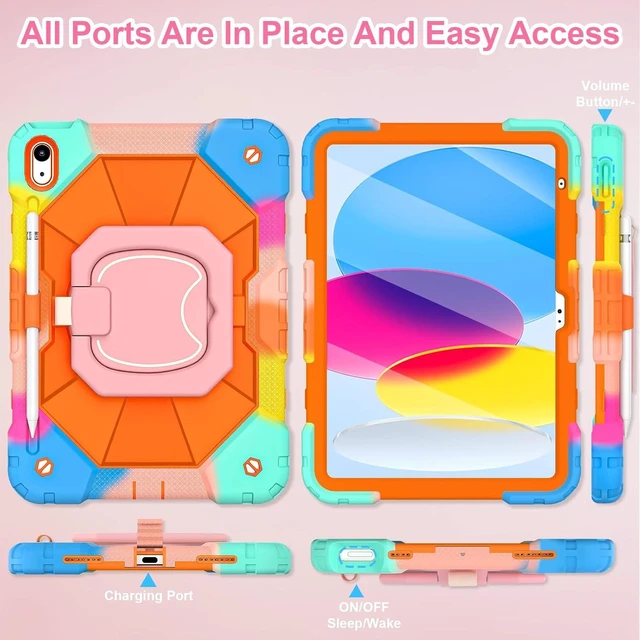 Alt view image 6 of 7 - Case for iPad (A16) 11th/10th Generation 2025/2022 with Screen Protector Rotating Stand Pencil Holder iPad Case 10th Generation Shockproof Cover for iPad 10th Gen Cases,Colorful Orange