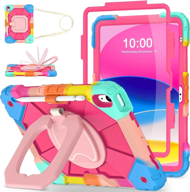 Main image of Case for iPad (A16) 11th/10th Generation 2025/2022 with Screen Protector Rotating Stand Pencil Holder Shoulder Strap Heavy Duty Shockproof Cover for iPad 10th Gen Case,Colorful Pink