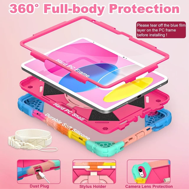 Alt view image 2 of 7 - Case for iPad (A16) 11th/10th Generation 2025/2022 with Screen Protector Rotating Stand Pencil Holder Shoulder Strap Heavy Duty Shockproof Cover for iPad 10th Gen Case,Colorful Pink