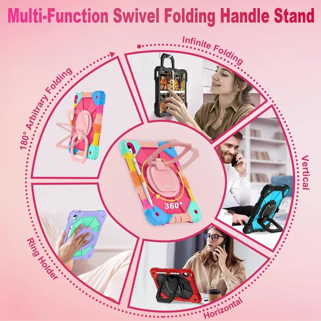 Alt view image 3 of 7 - Case for iPad (A16) 11th/10th Generation 2025/2022 with Screen Protector Rotating Stand Pencil Holder Shoulder Strap Heavy Duty Shockproof Cover for iPad 10th Gen Case,Colorful Pink