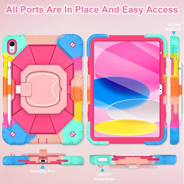 Alt view image 4 of 7 - Case for iPad (A16) 11th/10th Generation 2025/2022 with Screen Protector Rotating Stand Pencil Holder Shoulder Strap Heavy Duty Shockproof Cover for iPad 10th Gen Case,Colorful Pink