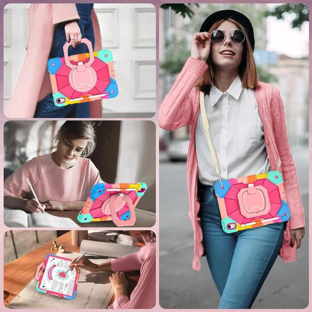 Alt view image 5 of 7 - Case for iPad (A16) 11th/10th Generation 2025/2022 with Screen Protector Rotating Stand Pencil Holder Shoulder Strap Heavy Duty Shockproof Cover for iPad 10th Gen Case,Colorful Pink