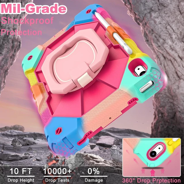 Alt view image 6 of 7 - Case for iPad (A16) 11th/10th Generation 2025/2022 with Screen Protector Rotating Stand Pencil Holder Shoulder Strap Heavy Duty Shockproof Cover for iPad 10th Gen Case,Colorful Pink
