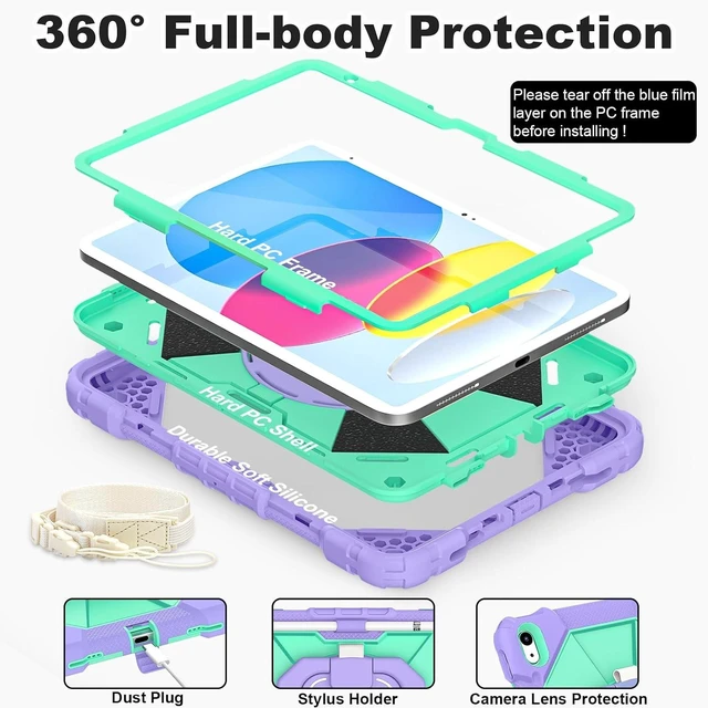 Alt view image 2 of 7 - Case for iPad (A16) 11th/10th Generation 2025/2022 with Screen Protector Rotating Stand Pencil Holder Shoulder Strap Heavy Duty Shockproof Cover for iPad 10th Gen Case,Purple Green
