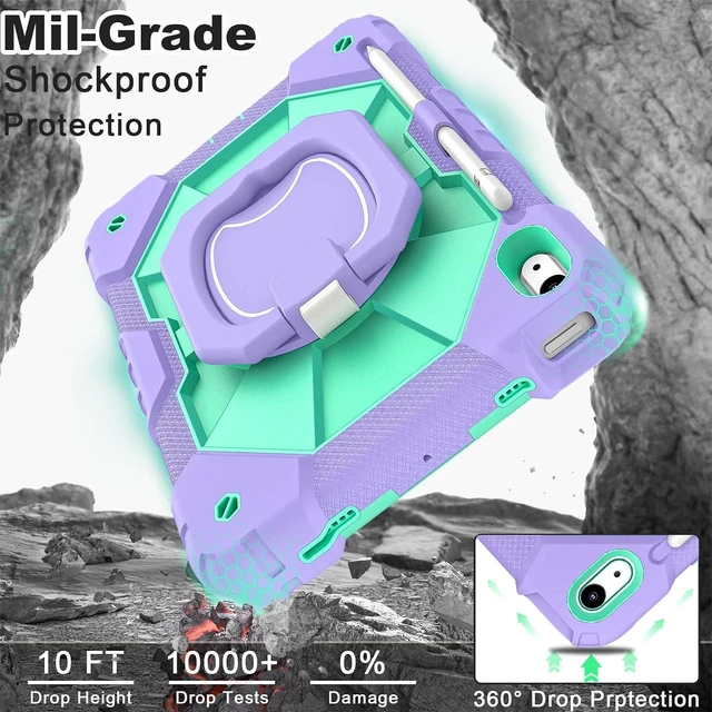 Alt view image 3 of 7 - Case for iPad (A16) 11th/10th Generation 2025/2022 with Screen Protector Rotating Stand Pencil Holder Shoulder Strap Heavy Duty Shockproof Cover for iPad 10th Gen Case,Purple Green