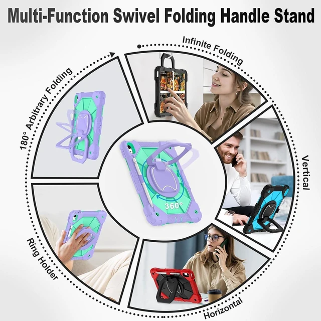 Alt view image 4 of 7 - Case for iPad (A16) 11th/10th Generation 2025/2022 with Screen Protector Rotating Stand Pencil Holder Shoulder Strap Heavy Duty Shockproof Cover for iPad 10th Gen Case,Purple Green