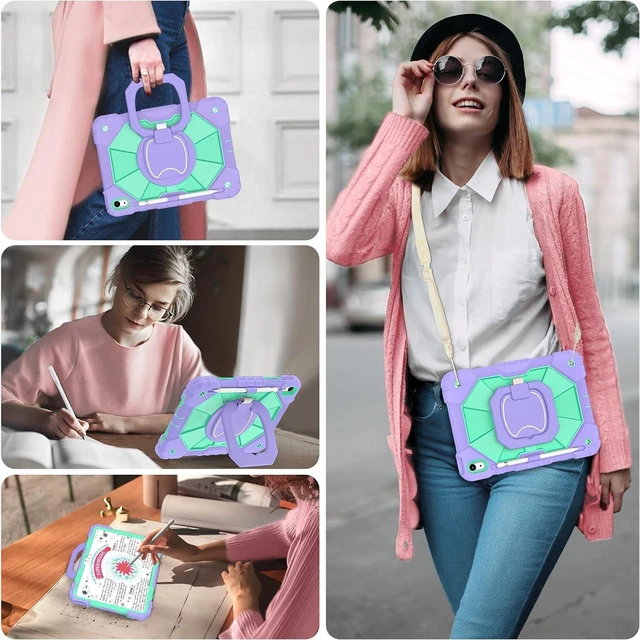 Alt view image 5 of 7 - Case for iPad (A16) 11th/10th Generation 2025/2022 with Screen Protector Rotating Stand Pencil Holder Shoulder Strap Heavy Duty Shockproof Cover for iPad 10th Gen Case,Purple Green