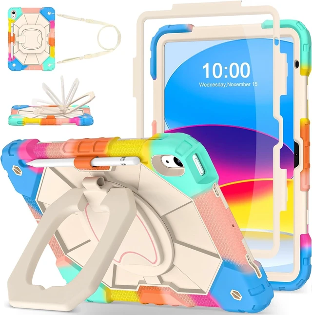 Main image of Case for iPad (A16) 11th/10th Generation 2025/2022 with Screen Protector Rotating Stand Pencil Holder Shoulder Strap Heavy Duty Shockproof Cover for iPad 10th Gen Case,Colorful Blue