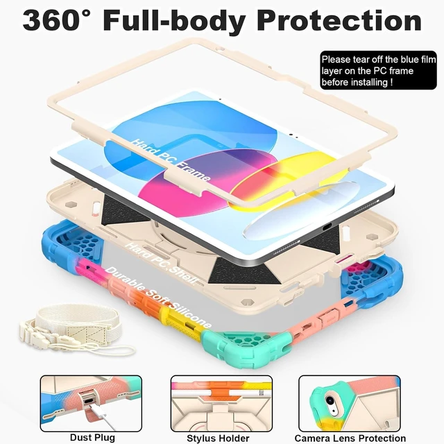 Alt view image 2 of 7 - Case for iPad (A16) 11th/10th Generation 2025/2022 with Screen Protector Rotating Stand Pencil Holder Shoulder Strap Heavy Duty Shockproof Cover for iPad 10th Gen Case,Colorful Blue