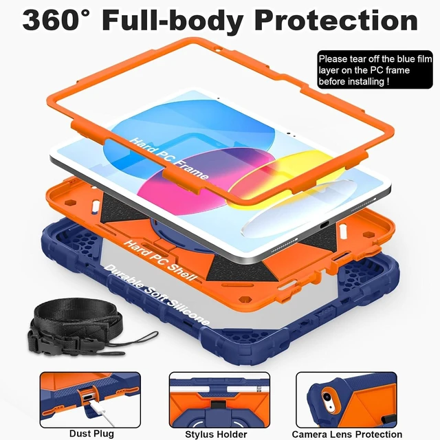 Alt view image 2 of 7 - Case for iPad (A16) 11th/10th Generation 2025/2022 with Screen Protector Rotating Stand Pencil Holder Shoulder Strap Heavy Duty Shockproof Cover for iPad 10th Gen Case,Navy Orange