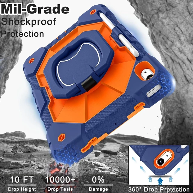 Alt view image 3 of 7 - Case for iPad (A16) 11th/10th Generation 2025/2022 with Screen Protector Rotating Stand Pencil Holder Shoulder Strap Heavy Duty Shockproof Cover for iPad 10th Gen Case,Navy Orange