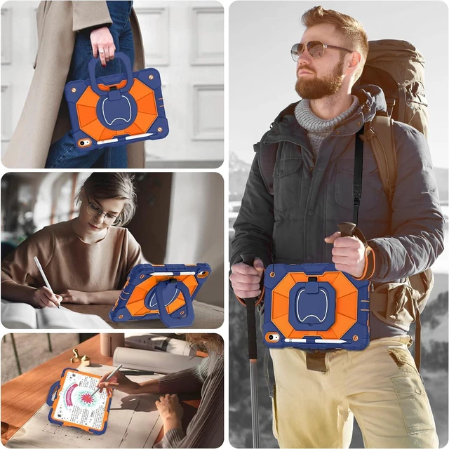 Alt view image 5 of 7 - Case for iPad (A16) 11th/10th Generation 2025/2022 with Screen Protector Rotating Stand Pencil Holder Shoulder Strap Heavy Duty Shockproof Cover for iPad 10th Gen Case,Navy Orange