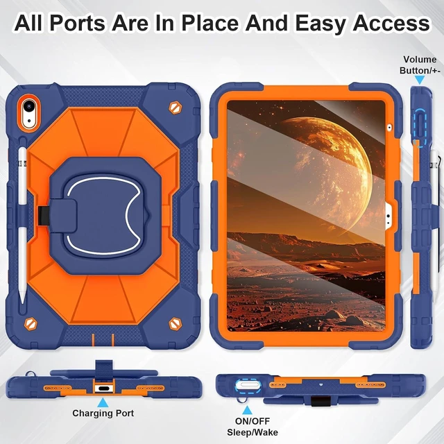 Alt view image 6 of 7 - Case for iPad (A16) 11th/10th Generation 2025/2022 with Screen Protector Rotating Stand Pencil Holder Shoulder Strap Heavy Duty Shockproof Cover for iPad 10th Gen Case,Navy Orange