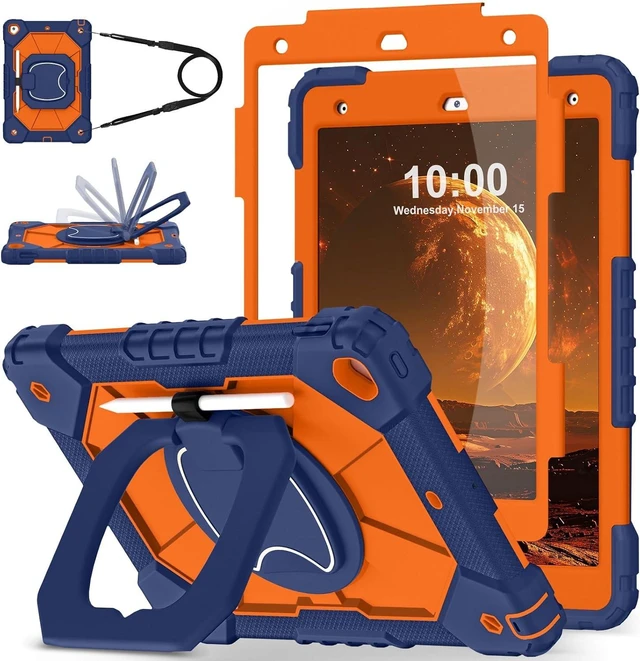 Main image of Case for iPad 9th/8th/7th Generation 10.2 Inch iPad 9th Generation Case with Screen Protector Rotating Stand Pencil Holder Heavy Duty Shockproof Cover for 9th Gen iPad Case,Navy Orange