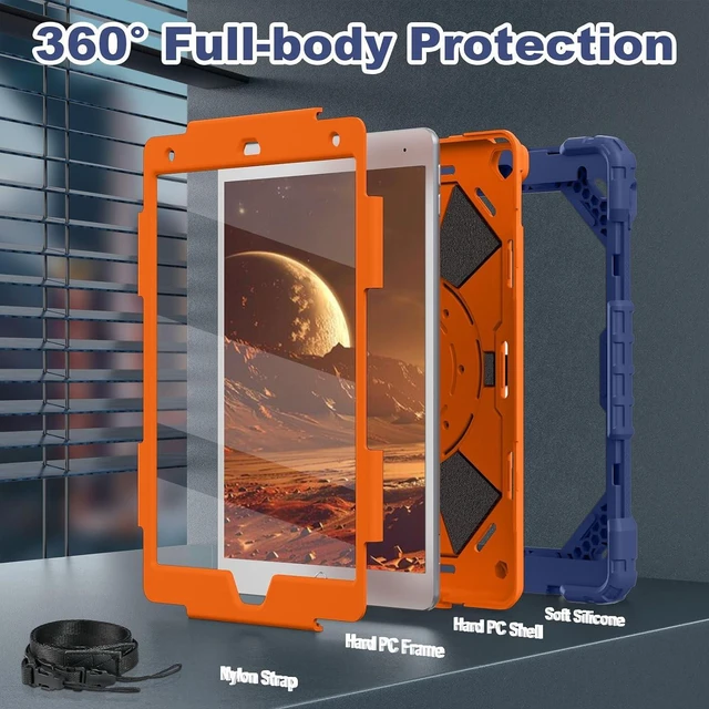 Alt view image 2 of 7 - Case for iPad 9th/8th/7th Generation 10.2 Inch iPad 9th Generation Case with Screen Protector Rotating Stand Pencil Holder Heavy Duty Shockproof Cover for 9th Gen iPad Case,Navy Orange