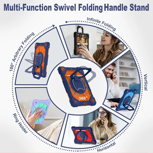 Alt view image 6 of 7 - Case for iPad 9th/8th/7th Generation 10.2 Inch iPad 9th Generation Case with Screen Protector Rotating Stand Pencil Holder Heavy Duty Shockproof Cover for 9th Gen iPad Case,Navy Orange