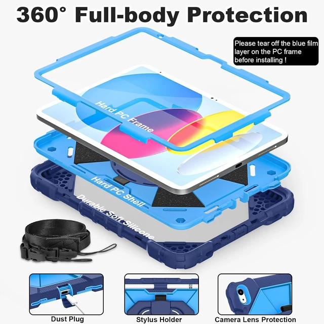 Alt view image 2 of 7 - Case for iPad (A16) 11th/10th Generation 2025/2022 with Screen Protector Rotating Stand Pencil Holder Shoulder Strap Heavy Duty Shockproof Cover for iPad 10th Gen Case,Navy Blue