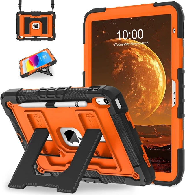 Main image of Case for iPad A16 11th/10th Generation 2025/2022 with Pencil Holder Shoulder Strap iPad Case 10th Generation Shockproof Cover for iPad 11th/10th Gen Cases,Black Orange