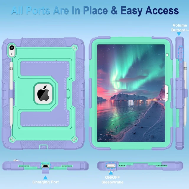 Alt view image 5 of 7 - Case for iPad A16 11th/10th Generation 2025/2022 with Pencil Holder Shoulder Strap iPad Case 10th Generation Shockproof Cover for iPad 11th/10th Gen Cases,Purple Green