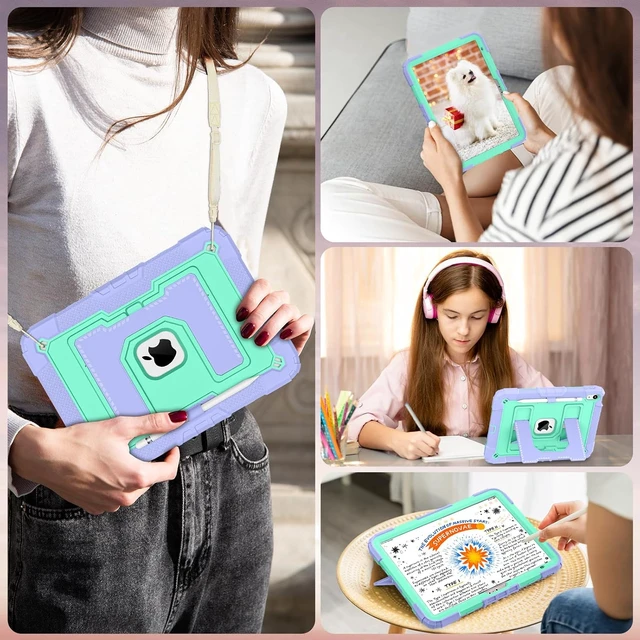 Alt view image 4 of 7 - Case for iPad A16 11th/10th Generation 2025/2022 with Pencil Holder Shoulder Strap iPad Case 10th Generation Shockproof Cover for iPad 11th/10th Gen Cases,Purple Green