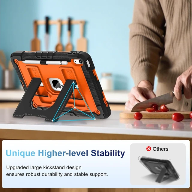 Alt view image 3 of 7 - Case for iPad A16 11th/10th Generation 2025/2022 with Pencil Holder Shoulder Strap iPad Case 10th Generation Shockproof Cover for iPad 11th/10th Gen Cases,Black Orange