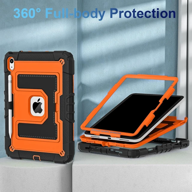 Alt view image 2 of 7 - Case for iPad A16 11th/10th Generation 2025/2022 with Pencil Holder Shoulder Strap iPad Case 10th Generation Shockproof Cover for iPad 11th/10th Gen Cases,Black Orange