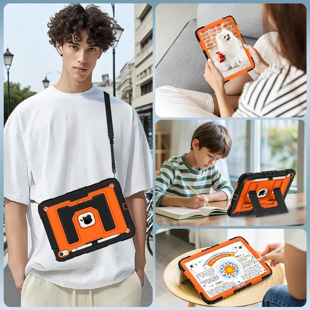 Alt view image 4 of 7 - Case for iPad A16 11th/10th Generation 2025/2022 with Pencil Holder Shoulder Strap iPad Case 10th Generation Shockproof Cover for iPad 11th/10th Gen Cases,Black Orange
