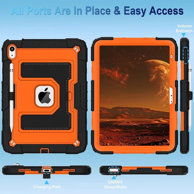 Alt view image 5 of 7 - Case for iPad A16 11th/10th Generation 2025/2022 with Pencil Holder Shoulder Strap iPad Case 10th Generation Shockproof Cover for iPad 11th/10th Gen Cases,Black Orange