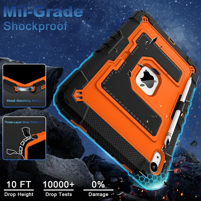 Alt view image 6 of 7 - Case for iPad A16 11th/10th Generation 2025/2022 with Pencil Holder Shoulder Strap iPad Case 10th Generation Shockproof Cover for iPad 11th/10th Gen Cases,Black Orange