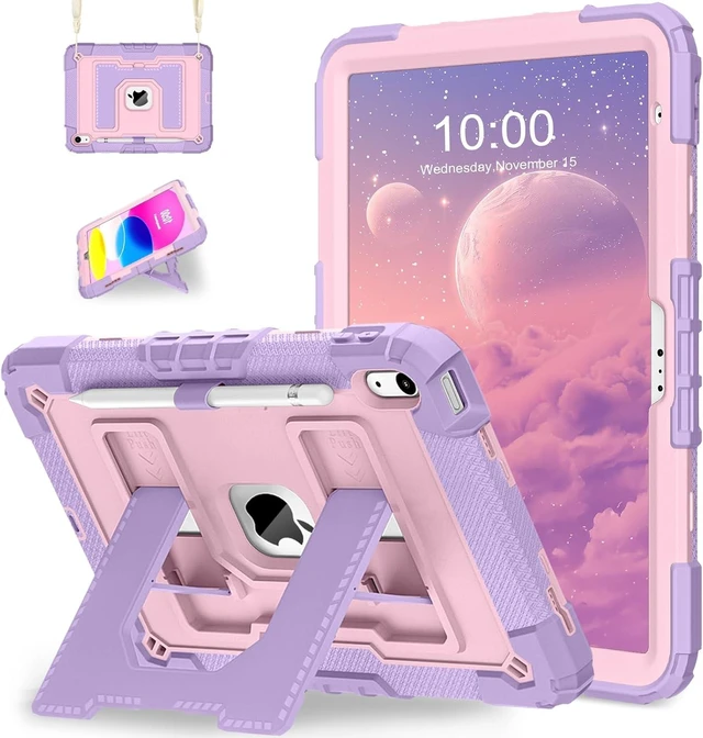 Main image of Case for iPad A16 11th/10th Generation 2025/2022 with Pencil Holder Shoulder Strap iPad Case 10th Generation Shockproof Cover for iPad 11th/10th Gen Cases,Purple Rose