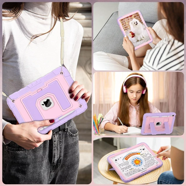 Alt view image 4 of 7 - Case for iPad A16 11th/10th Generation 2025/2022 with Pencil Holder Shoulder Strap iPad Case 10th Generation Shockproof Cover for iPad 11th/10th Gen Cases,Purple Rose