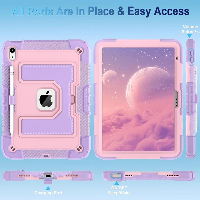 Alt view image 5 of 7 - Case for iPad A16 11th/10th Generation 2025/2022 with Pencil Holder Shoulder Strap iPad Case 10th Generation Shockproof Cover for iPad 11th/10th Gen Cases,Purple Rose