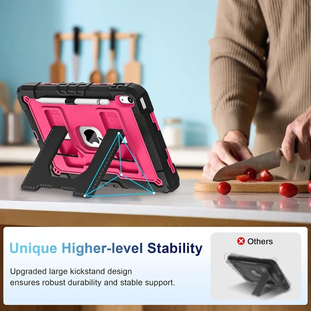 Alt view image 3 of 7 - Case for iPad A16 11th Generation 11 Inch (2025) iPad 10th Generation 10.9 Inch (2022),i Pad A16 Case Military Grade Shockproof Cases with Pencil Holder Shoulder Strap,Black Pink