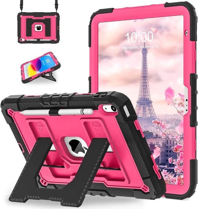 Main image of Case for iPad A16 11th Generation 11 Inch (2025) iPad 10th Generation 10.9 Inch (2022),i Pad A16 Case Military Grade Shockproof Cases with Pencil Holder Shoulder Strap,Black Pink