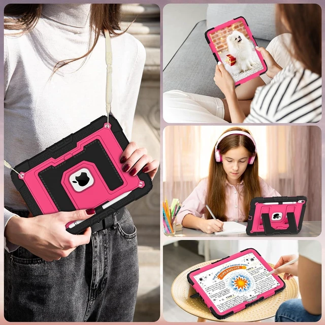 Alt view image 4 of 7 - Case for iPad A16 11th Generation 11 Inch (2025) iPad 10th Generation 10.9 Inch (2022),i Pad A16 Case Military Grade Shockproof Cases with Pencil Holder Shoulder Strap,Black Pink