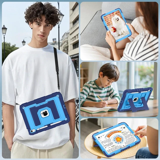 Alt view image 4 of 6 - Case for iPad A16 11th Generation 11 Inch (2025) iPad 10th Generation 10.9 Inch (2022),i Pad A16 Case Military Grade Shockproof Cases with Pencil Holder Shoulder Strap,Navy Blue