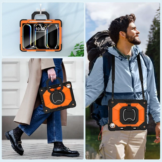 Alt view image 4 of 6 - for iPad Pro 13 Inch Case M5 2025/M4 2024 (7th Gen) with Screen Protector/Rotating Stand/Pencil Holder/Shoulder Strap,Military Grade Shockproof iPad Cases 13 Inch iPad Pro M5/M4,Black Orange