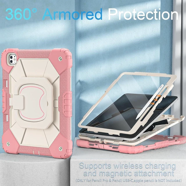 Alt view image 5 of 6 - for iPad Pro 13 Inch Case M5 2025/M4 2024 (7th Gen) with Screen Protector/360° Rotating Stand/Pencil Holder/Shoulder Strap,Military Grade Shockproof iPad Case 13 Inch iPad Pro M5/M4,Rose Gold