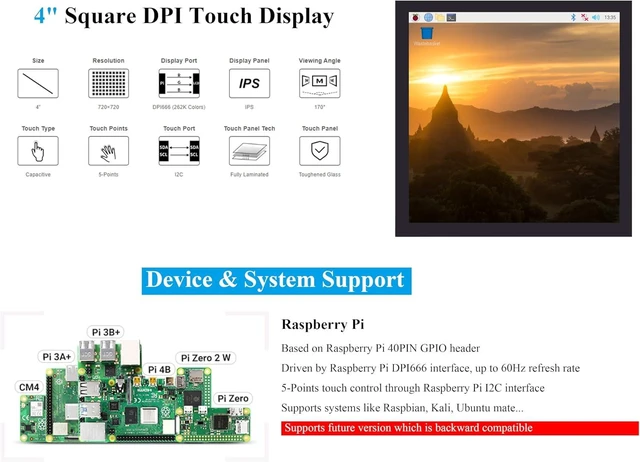 Alt view image 2 of 7 - 4inch DPI LCD Square Capacitive Touch Screen Compatible with Raspberry Pi 5/4B/3B+/3B/2B/Zero/Zero W/WH/Zero 2W, 720x720 Resolution, IPS Display, Toughened Glass Cover Low Power Solution