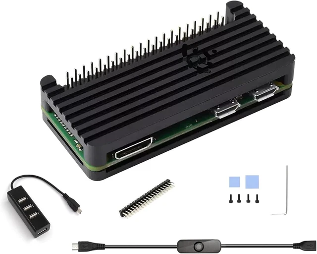 Main image of Pi Zero 2 W Aluminum Case Kit with Passive Cooling, 4-Port USB OTG Hub, On/Off Power Switch Cable, Pin Header, Hexwrench, Thermal Pad (7 Items)