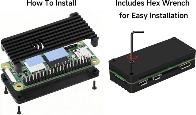 Alt view image 4 of 5 - Pi Zero 2 W Aluminum Case Kit with Passive Cooling, 4-Port USB OTG Hub, On/Off Power Switch Cable, Pin Header, Hexwrench, Thermal Pad (7 Items)