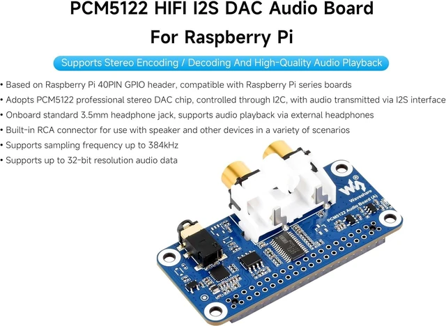 Alt view image 2 of 7 - PCM5122 HiFi I2S DAC Sound Card Audio Board Compatible with Raspberry Pi 5/4B/3B+/3B/Pi Zero W/Zero 2W/Pico W/Pico 2W, Stereo Encoding/Decoding, Onboard 3.5mm Headphone Jack & RCA Connector