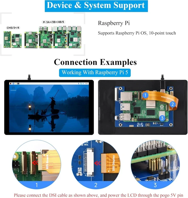 Alt view image 6 of 7 - 7inch DSI LCD Compatible with Raspberry Pi 5/4B/CM4/3B+/3A+/3B/Compute Module 5/CM5/CM4/CM3+/CM3, 1280 x 800 Capacitive Touch Screen IPS Display, Optical Bonding Toughened Glass Panel, 10-Point Touch