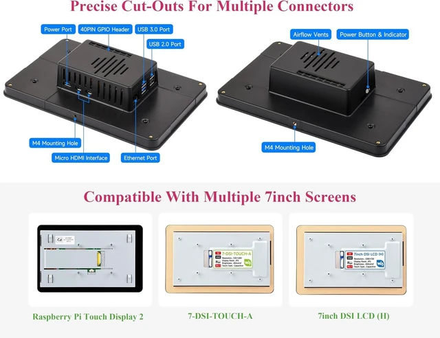 Alt view image 4 of 7 - Protective Case Compatible with Raspberry Pi 7inch Touch Display 2 and Raspberry Pi 5, Support Multiple 7inch Screens, Supports Installing RPi Hats, Reserved Rich Interfaces