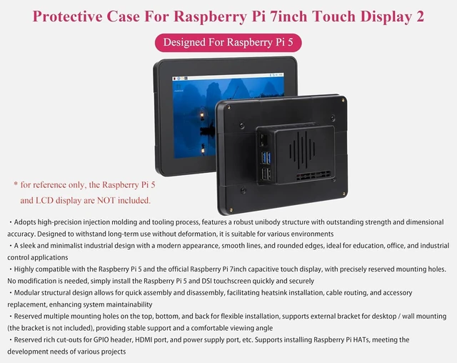 Alt view image 3 of 7 - Protective Case Compatible with Raspberry Pi 7inch Touch Display 2 and Raspberry Pi 5, Support Multiple 7inch Screens, Supports Installing RPi Hats, Reserved Rich Interfaces