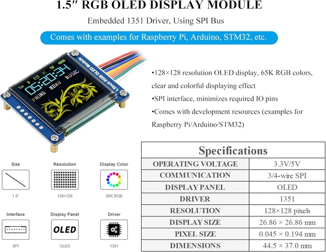 Alt view image 2 of 7 - 1.5inch RGB OLED Display Module, 128x128 Pixels 16-bit High Color (65K Colors) 1351 Driver, SPI Interface, Compatible with Arduino Raspberry Pi Ardui Jetson Nano STM32,etc.